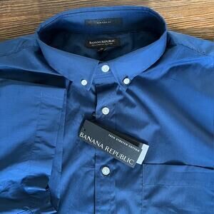 NWT Banana Republic Tech Stretch Slim Cotton SS Dress Shirt Mens XL Navy Blue